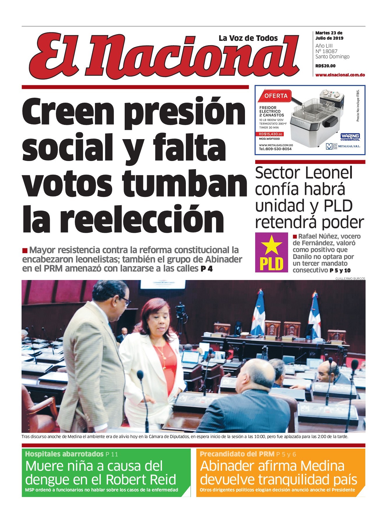 Portada Periódico El Nacional, Martes 23 de Julio, 2019