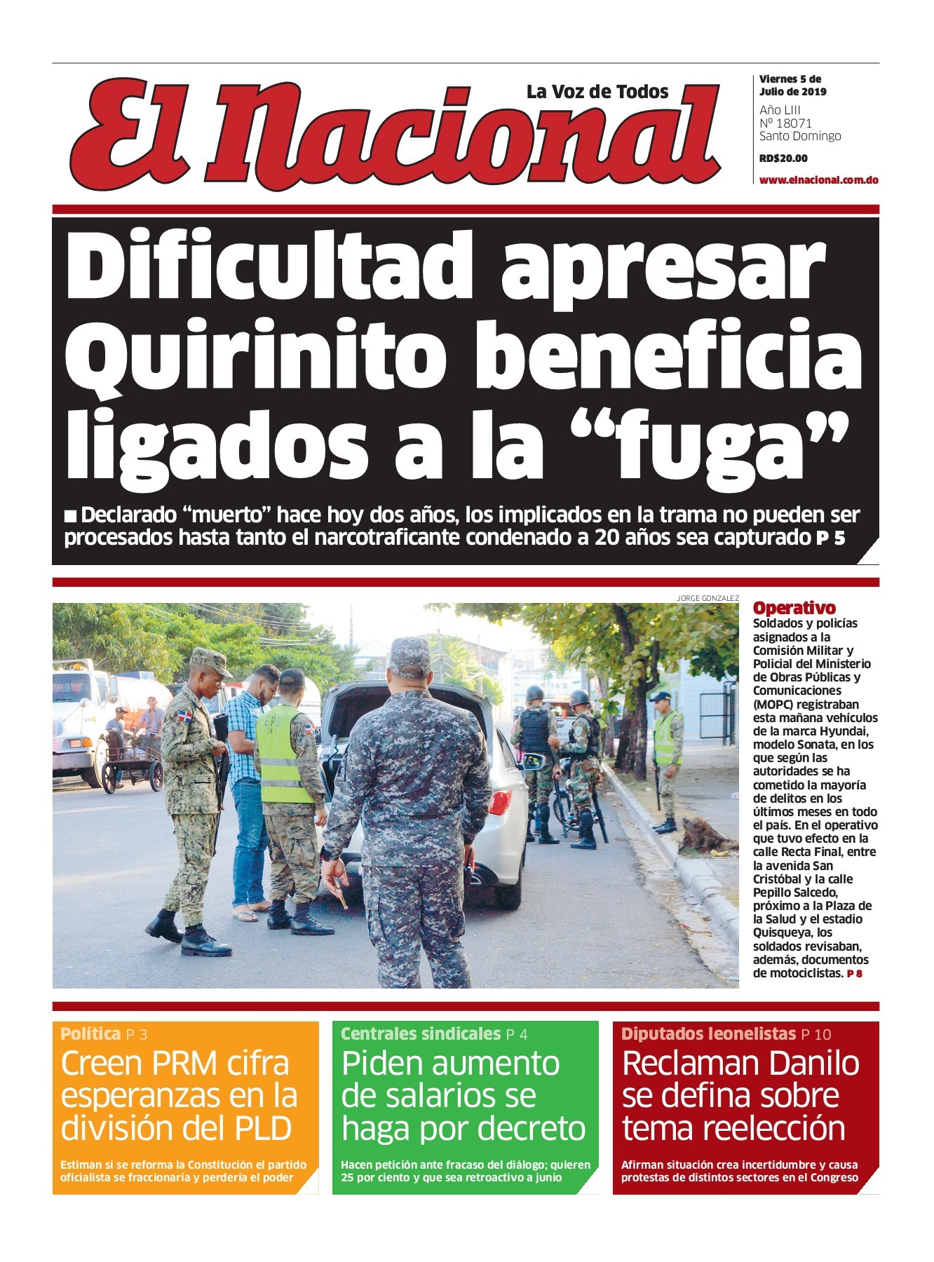 Portada Periódico El Nacional, Viernes 05 de Julio, 2019