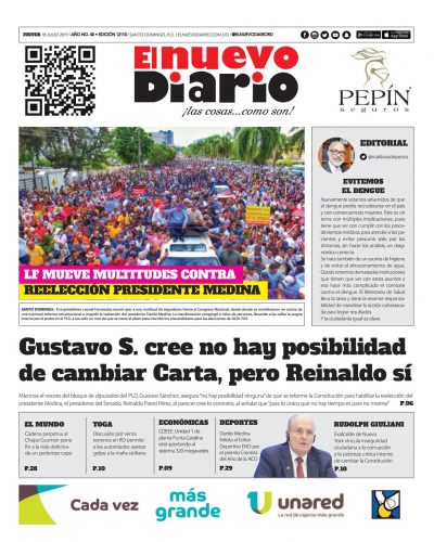 Portada Periódico El Nuevo Diario, Jueves 18 de Julio, 2019