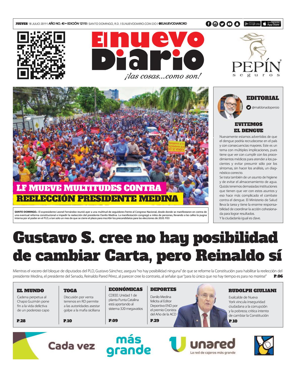 Portada Periódico El Nuevo Diario, Jueves 18 de Julio, 2019