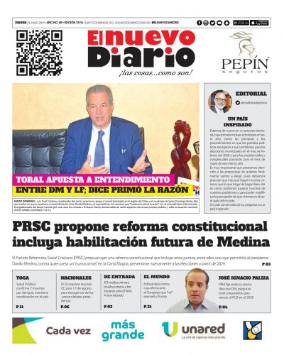 Portada Periódico El Nuevo Diario, Jueves 25 de Julio, 2019
