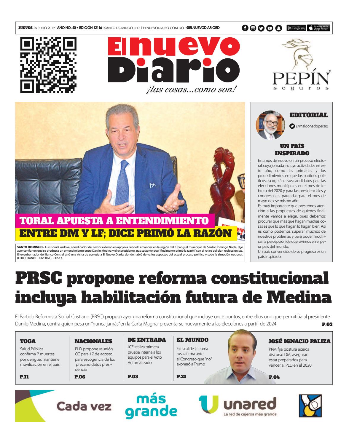 Portada Periódico El Nuevo Diario, Jueves 25 de Julio, 2019