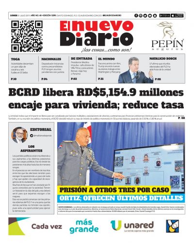 Portada Periódico El Nuevo Diario, Lunes 01 de Julio, 2019
