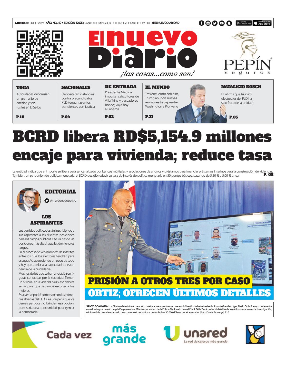 Portada Periódico El Nuevo Diario, Lunes 01 de Julio, 2019