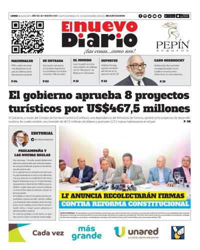 Portada Periódico El Nuevo Diario, Lunes 08 de Julio, 2019
