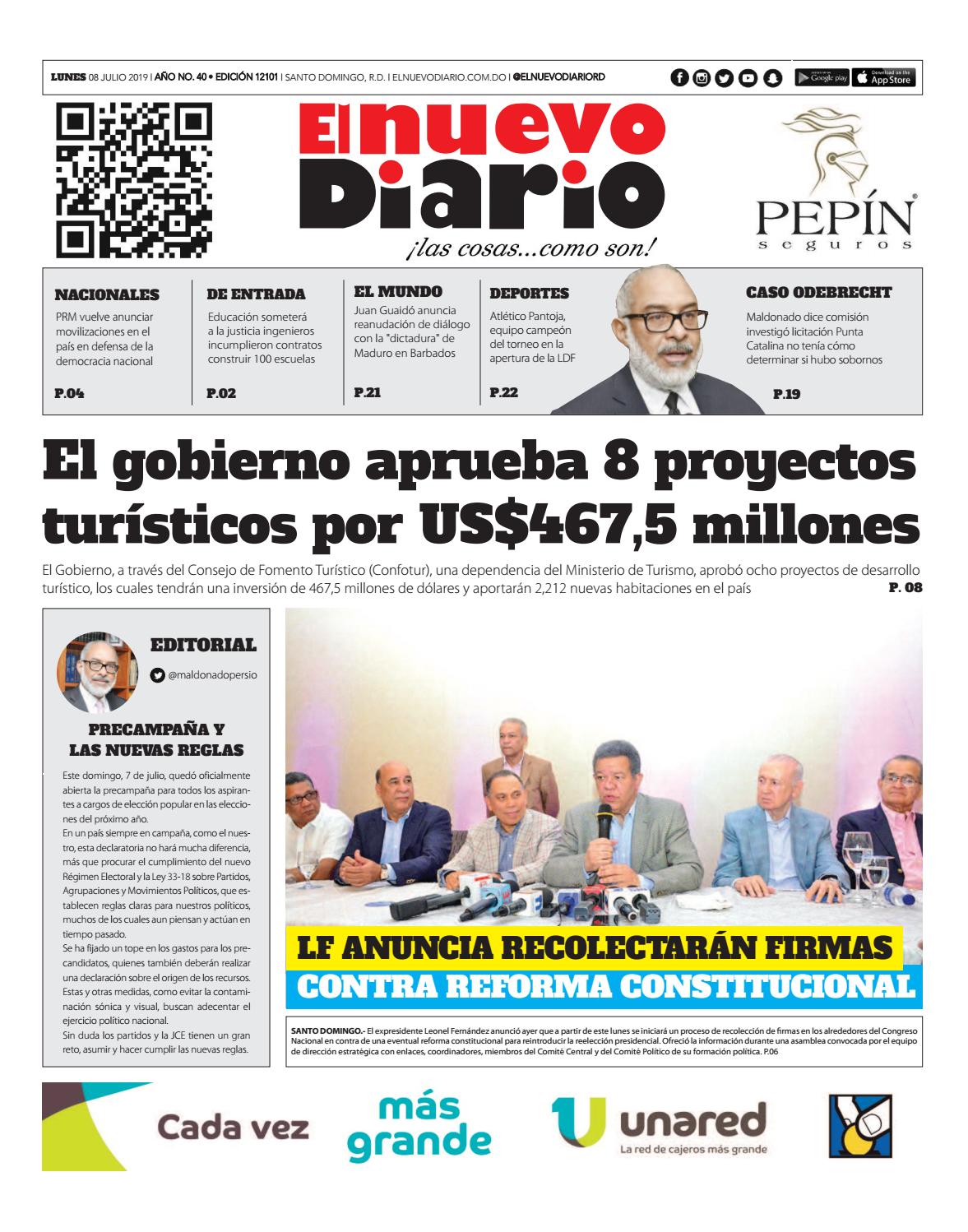 Portada Periódico El Nuevo Diario, Lunes 08 de Julio, 2019