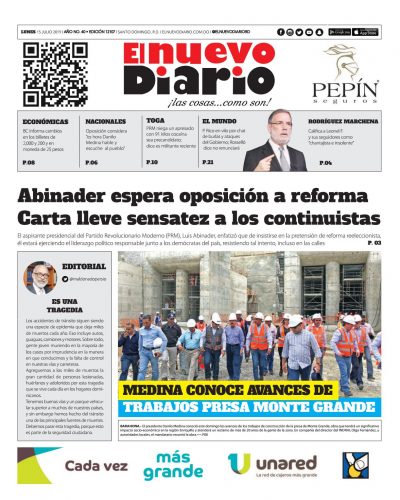 Portada Periódico El Nuevo Diario, Lunes 15 de Julio, 2019