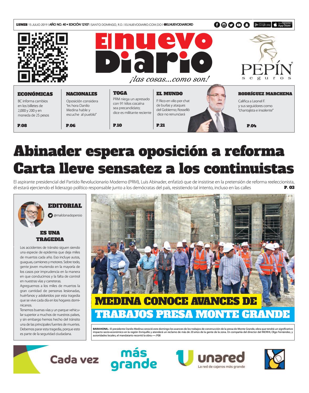 Portada Periódico El Nuevo Diario, Lunes 15 de Julio, 2019