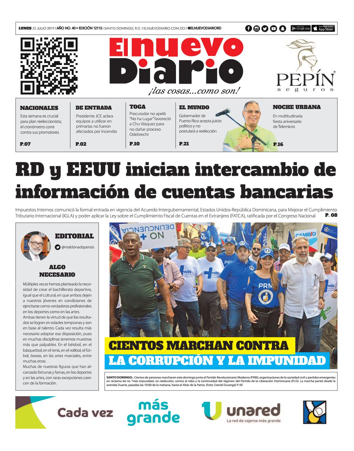 Portada Periódico El Nuevo Diario, Lunes 22 de Julio, 2019