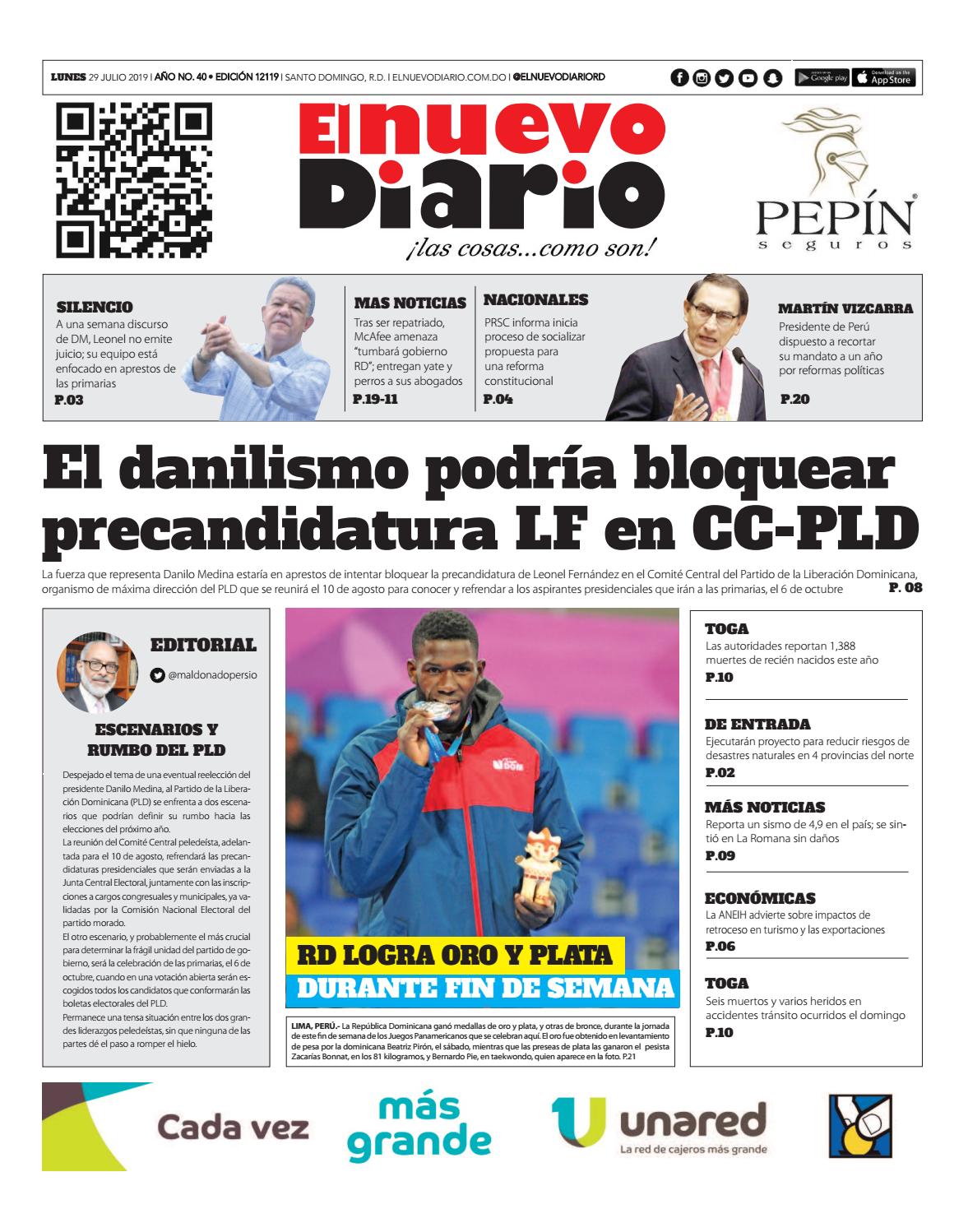 Portada Periódico El Nuevo Diario, Lunes 29 de Julio, 2019