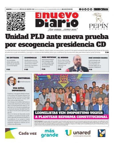 Portada Periódico El Nuevo Diario, Martes 30 de Julio, 2019