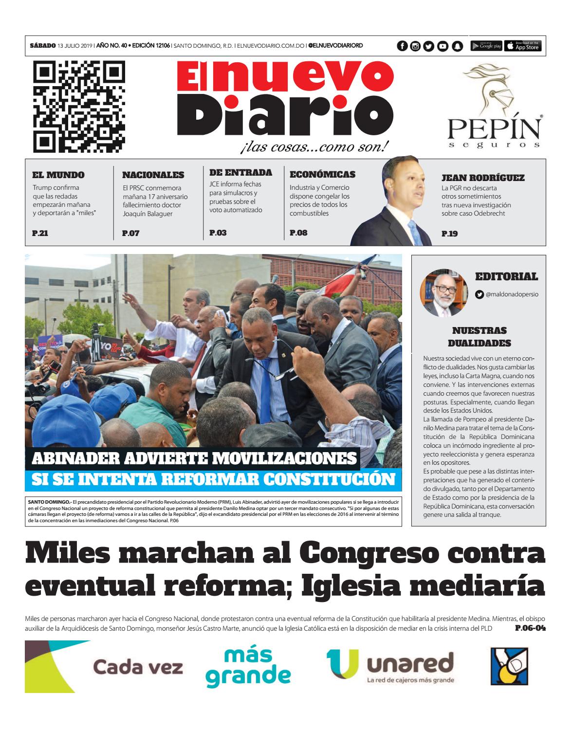 Portada Periódico El Nuevo Diario, Sábado 13 de Julio, 2019