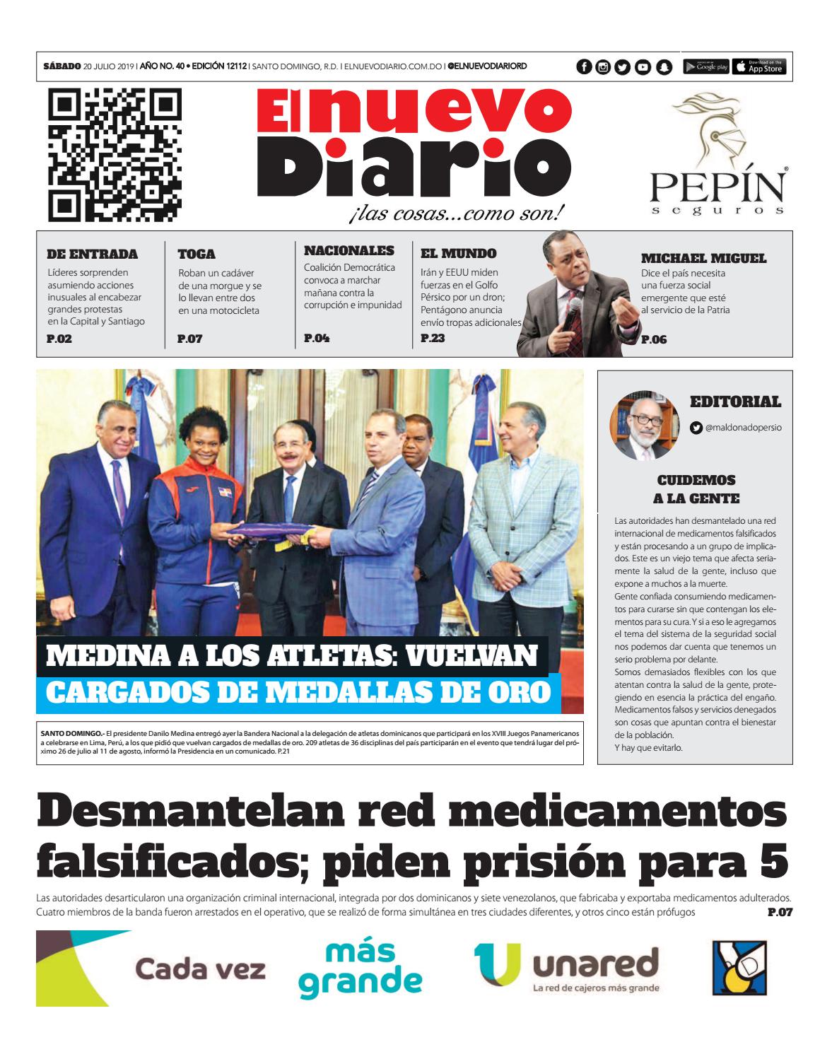 Portada Periódico El Nuevo Diario, Sábado 20 de Julio, 2019
