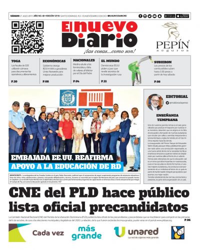 Portada Periódico El Nuevo Diario, Sábado 27 de Julio, 2019