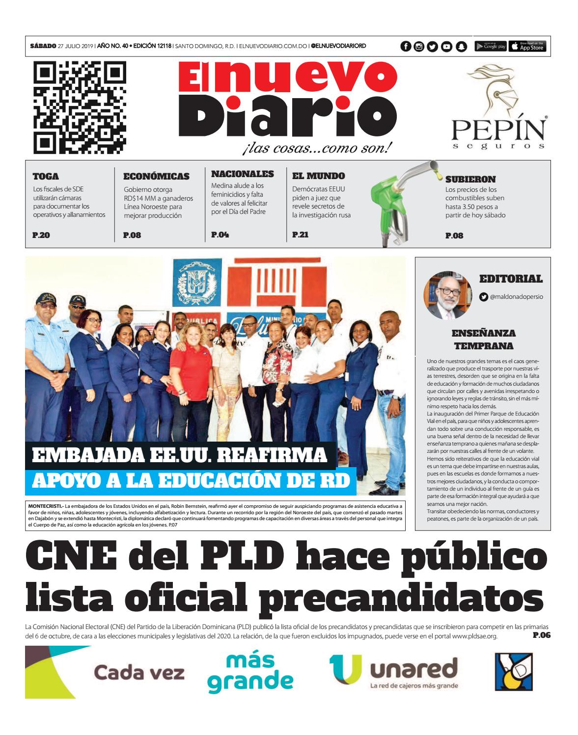 Portada Periódico El Nuevo Diario, Sábado 27 de Julio, 2019