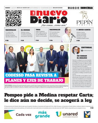 Portada Periódico El Nuevo Diario, Viernes 12 de Julio, 2019