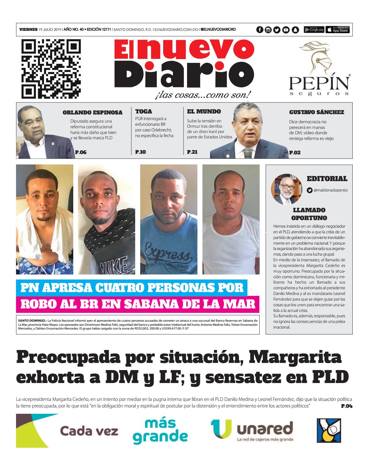 Portada Periódico El Nuevo Diario, Viernes 19 de Julio, 2019