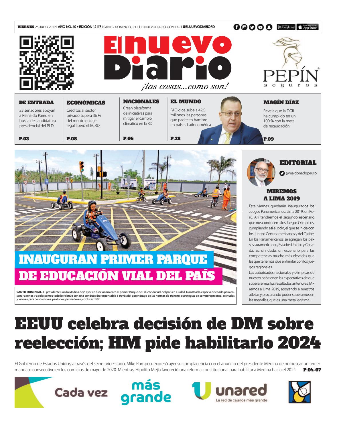 Portada Periódico El Nuevo Diario, Viernes 26 de Julio, 2019