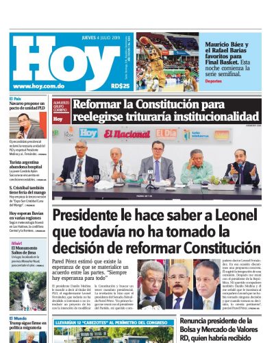 Portada Periódico Hoy, Jueves 04 de Julio, 2019