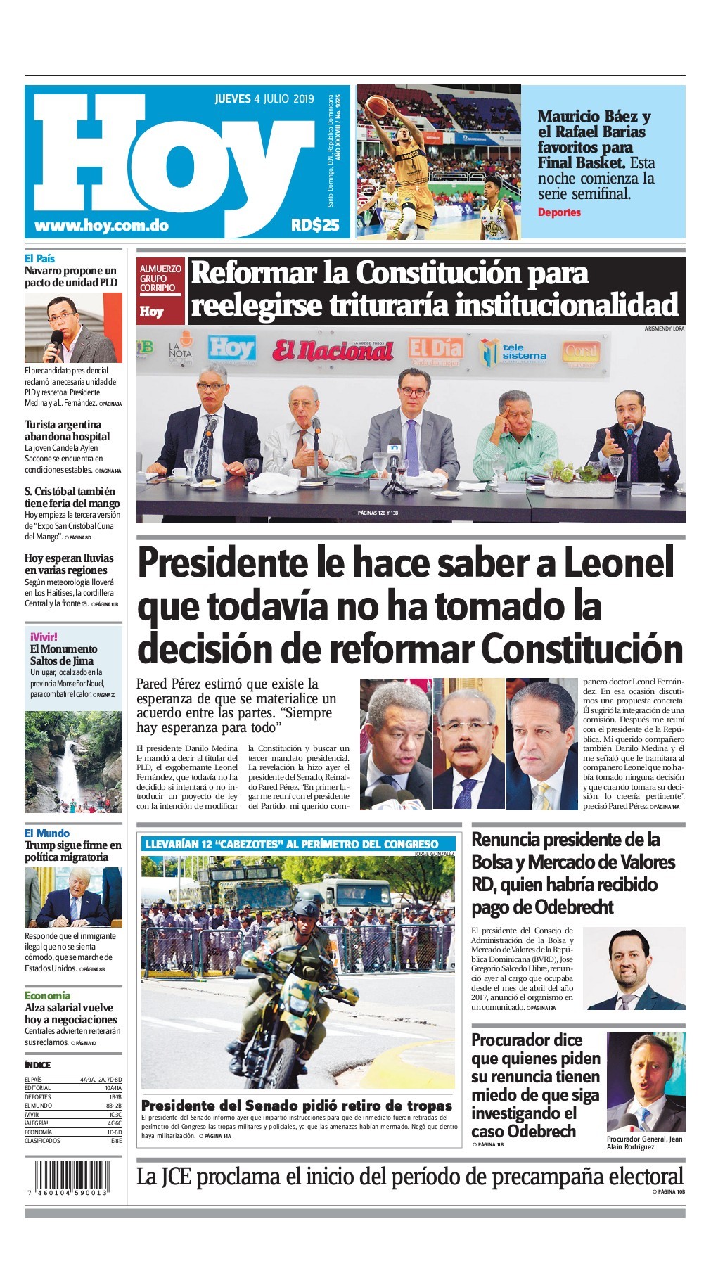 Portada Periódico Hoy, Jueves 04 de Julio, 2019