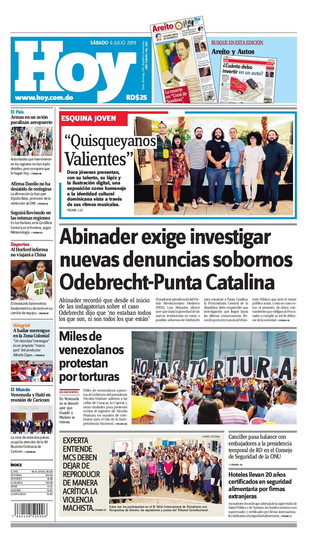 Portada Periódico Hoy, Lunes 08 de Julio, 2019