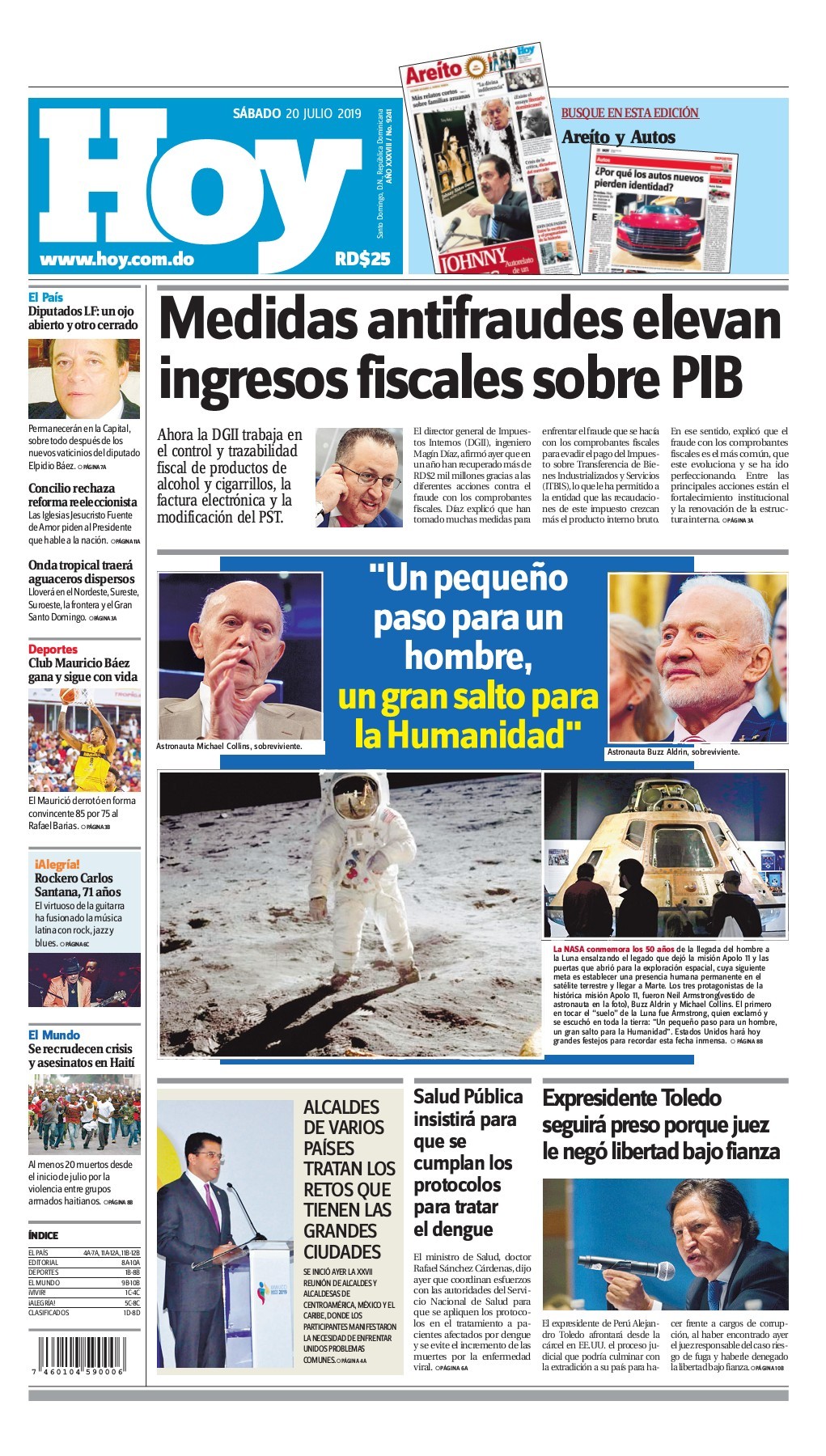 Portada Periódico Hoy, Lunes 22 de Julio, 2019