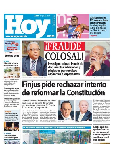 Portada Periódico Hoy, Lunes 29 de Julio, 2019