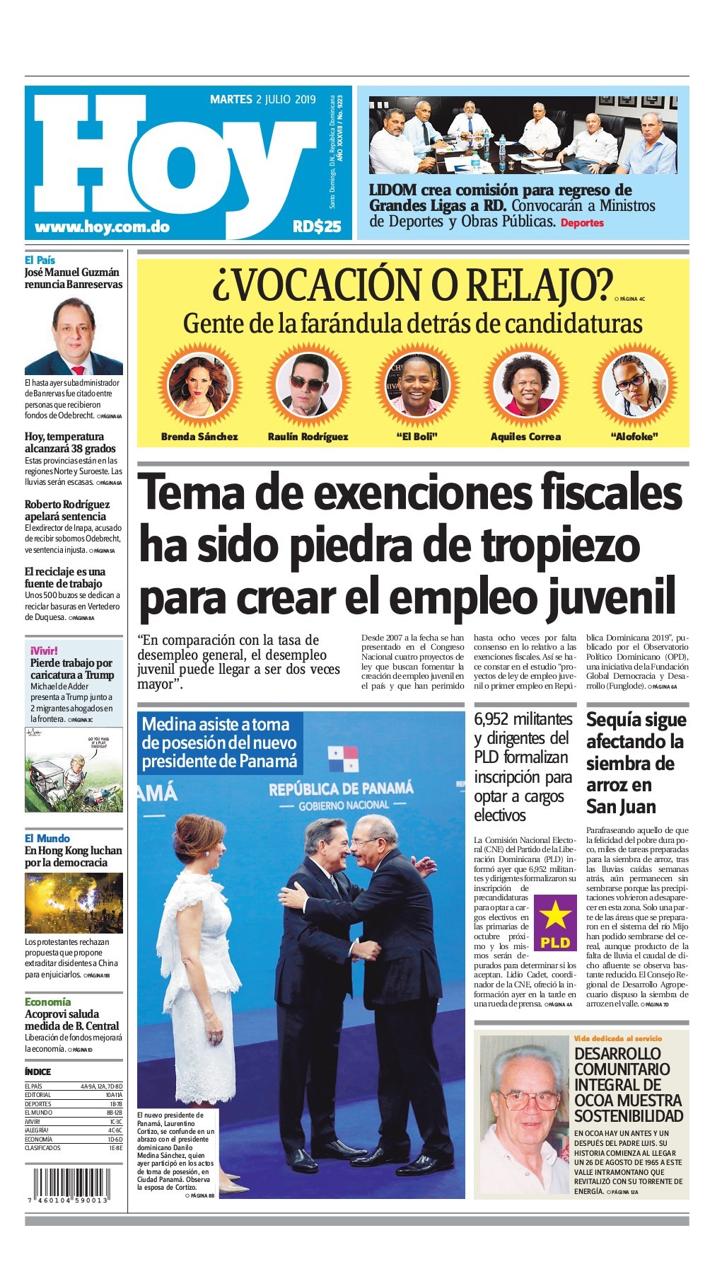 Portada Periódico Hoy, Martes 02 de Julio, 2019