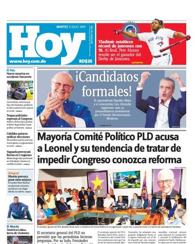 Portada Periódico Hoy, Martes 09 de Julio, 2019