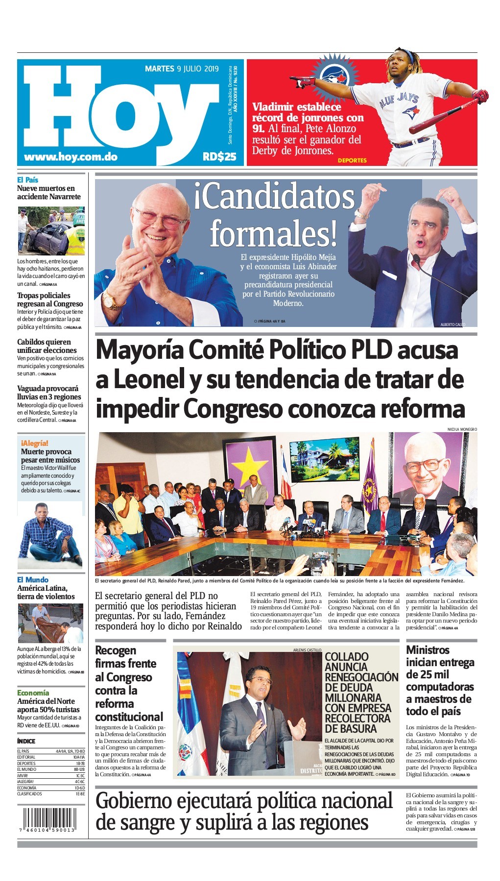 Portada Periódico Hoy, Martes 09 de Julio, 2019