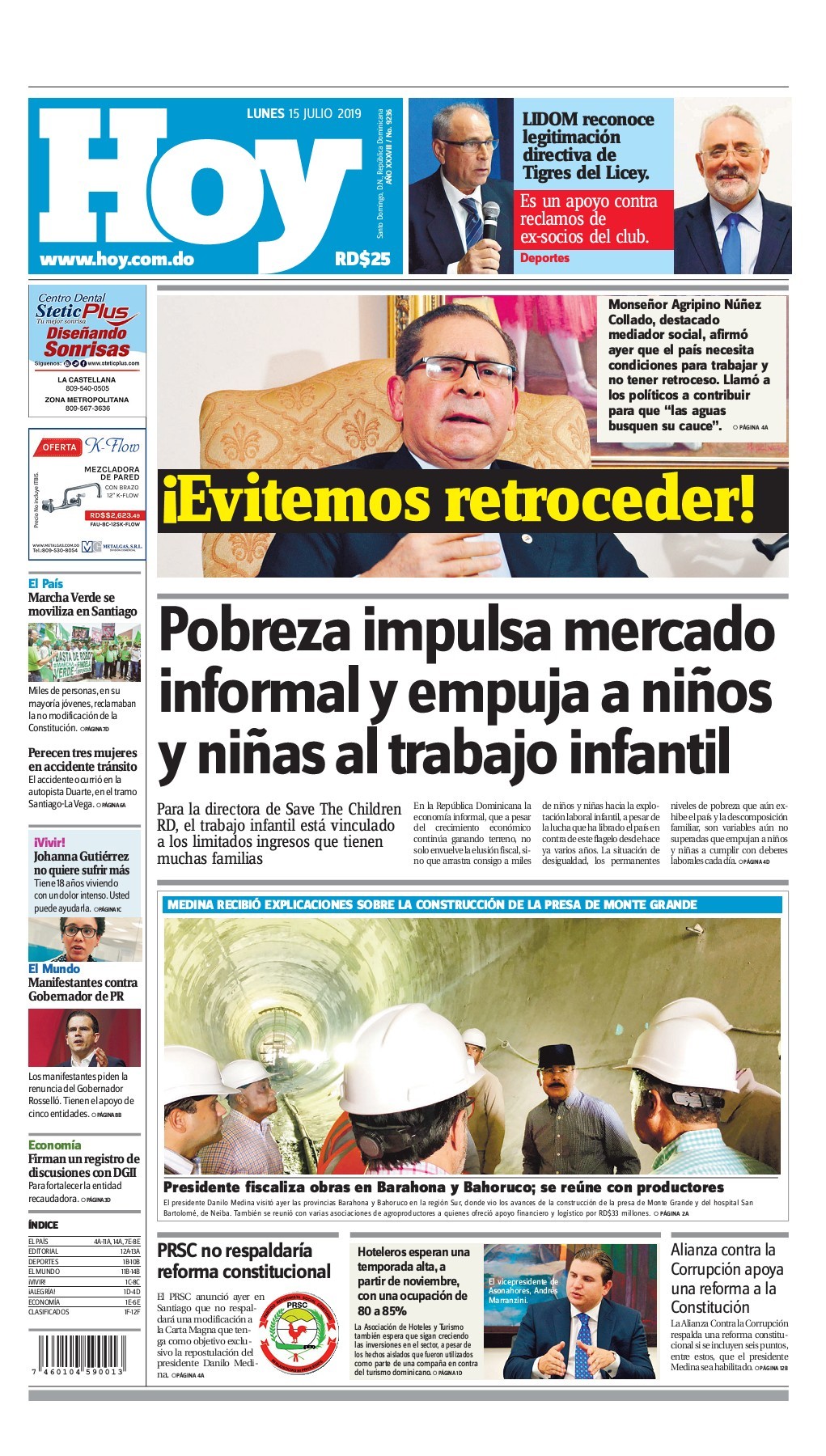 Portada Periódico Hoy, Martes 16 de Julio, 2019