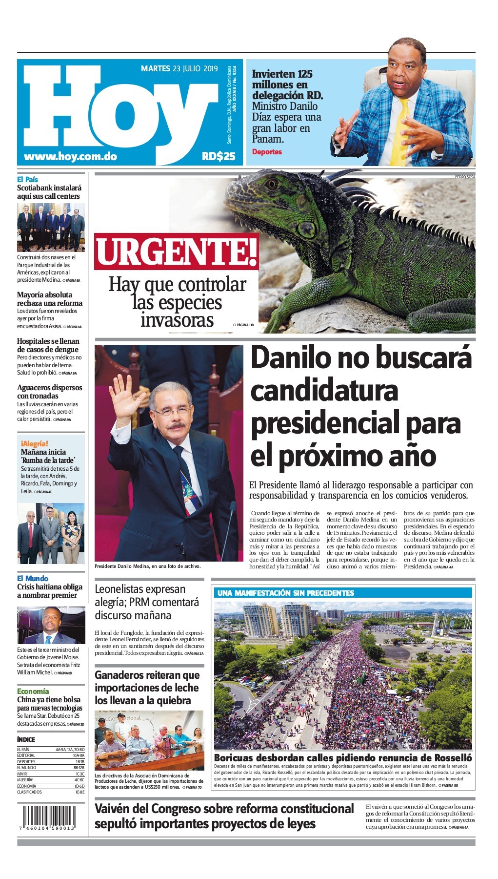 Portada Periódico Hoy, Martes 23 de Julio, 2019