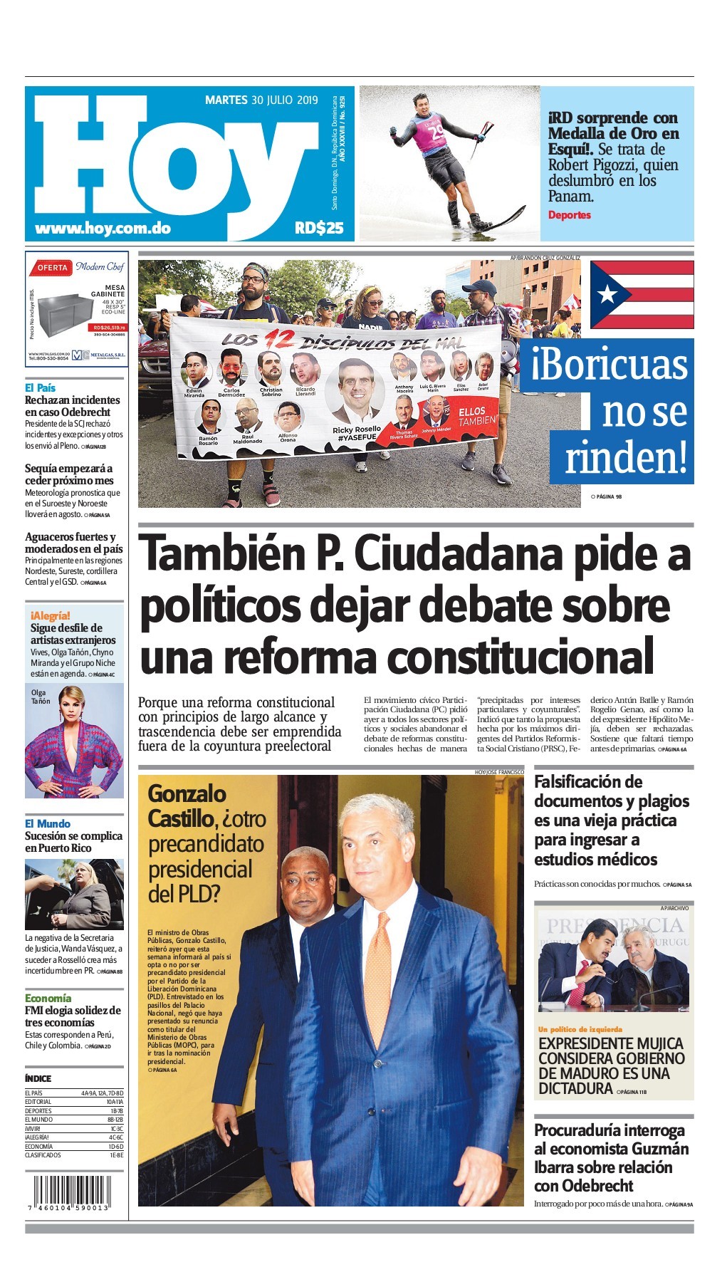 Portada Periódico Hoy, Martes 30 de Julio, 2019