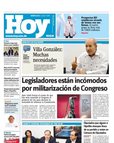 Portada Periódico Hoy, Miércoles 03 de Julio, 2019