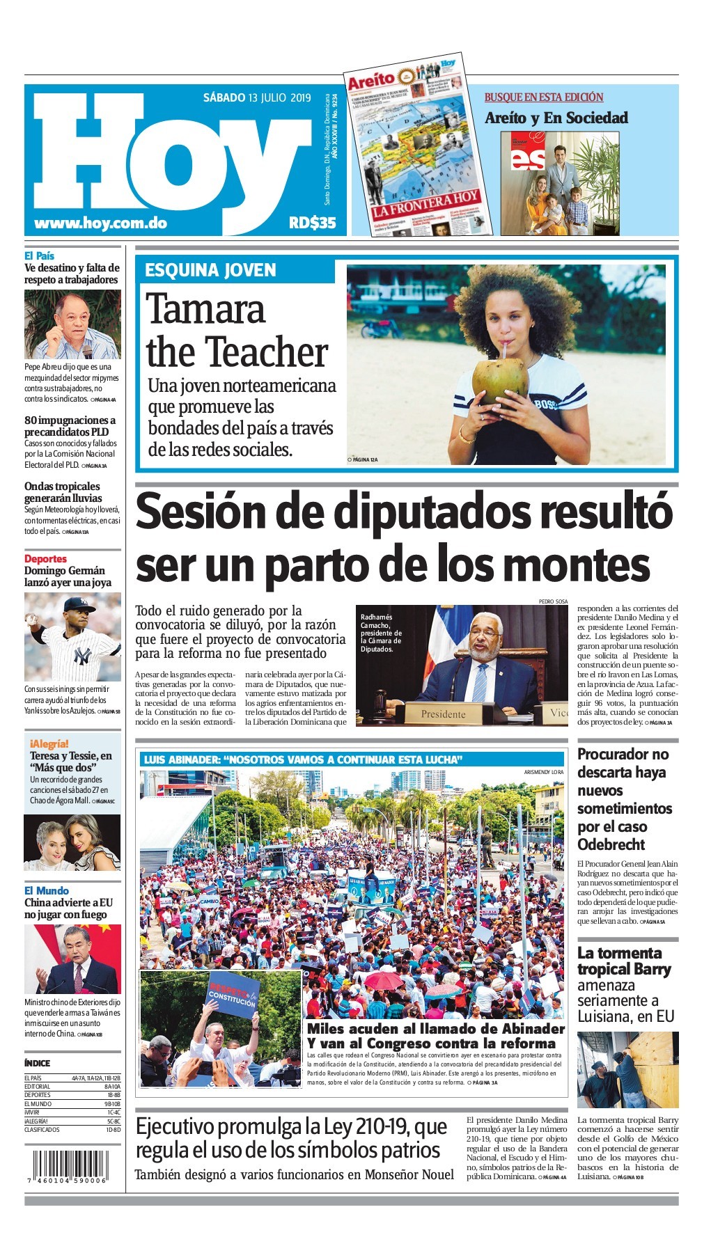 Portada Periódico Hoy, Sábado 13 de Julio, 2019