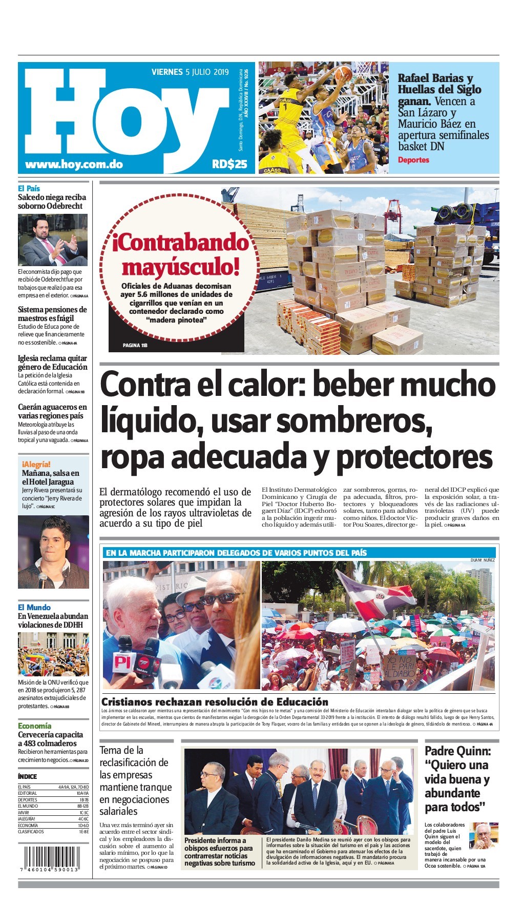 Portada Periódico Hoy, Viernes 05 de Julio, 2019