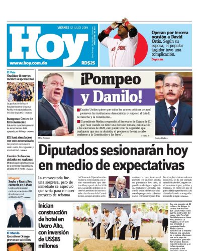 Portada Periódico Hoy, Viernes 12 de Julio, 2019