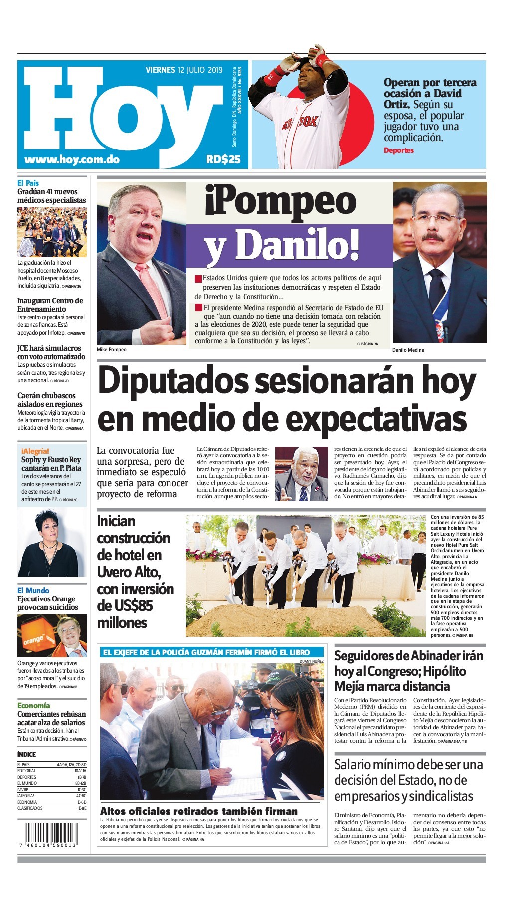 Portada Periódico Hoy, Viernes 12 de Julio, 2019