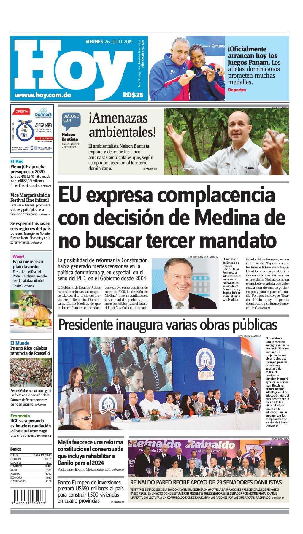 Portada Periódico Hoy, Viernes 26 de Julio, 2019