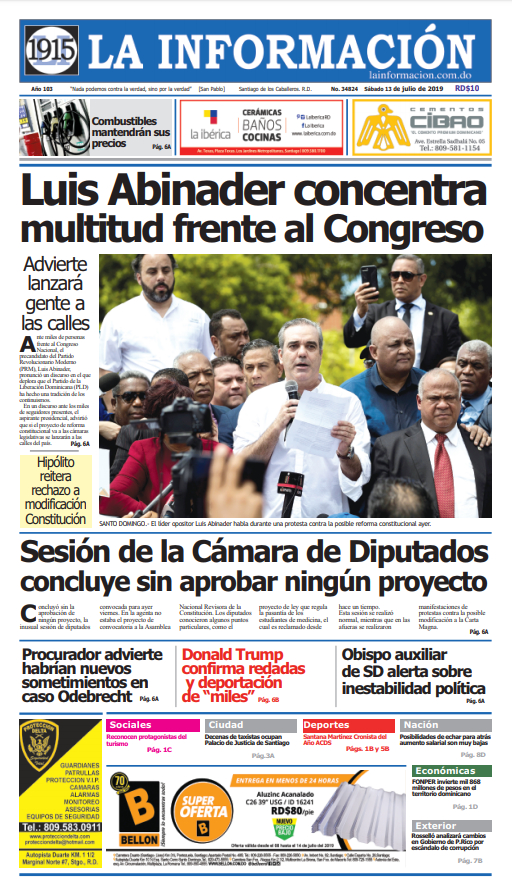Portada Periódico La Información, Domingo 14 de Julio, 2019