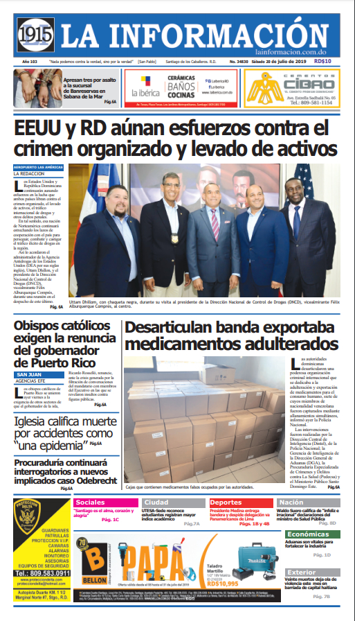 Portada Periódico La Información, Domingo 21 de Julio, 2019