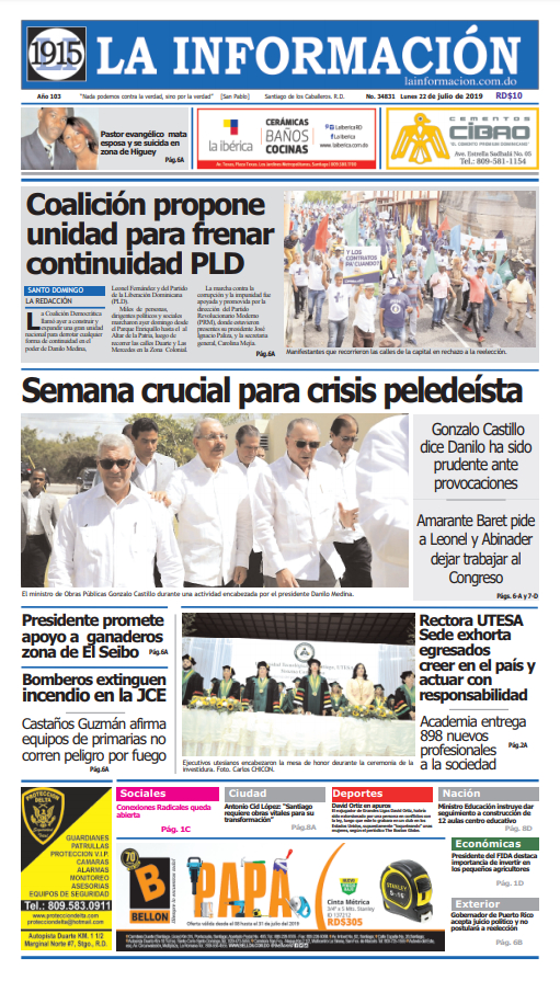 Portada Periódico La Información, Lunes 22 de Julio, 2019