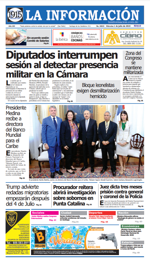 Portada Periódico La Información, Miércoles 03 de Julio, 2019