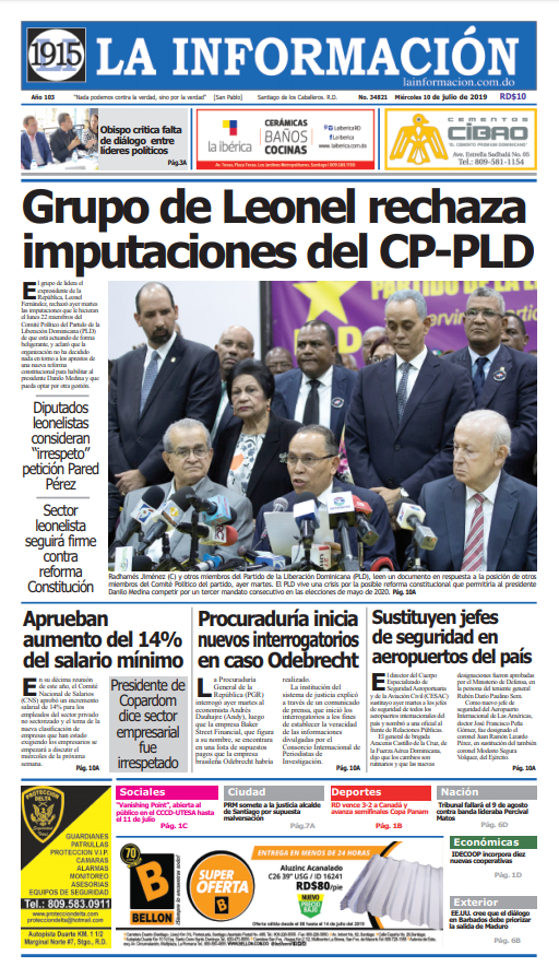 Portada Periódico La Información, Miércoles 10 de Julio, 2019