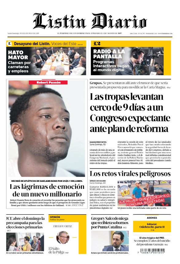 Portada Periódico Listín Diario, Jueves 04 de Julio, 2019