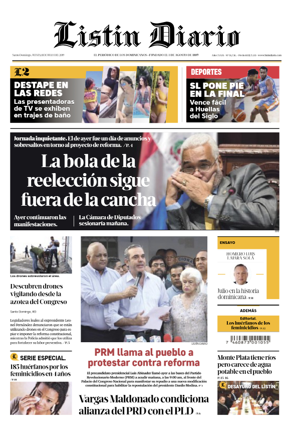 Portada Periódico Listín Diario, Jueves 11 de Julio, 2019