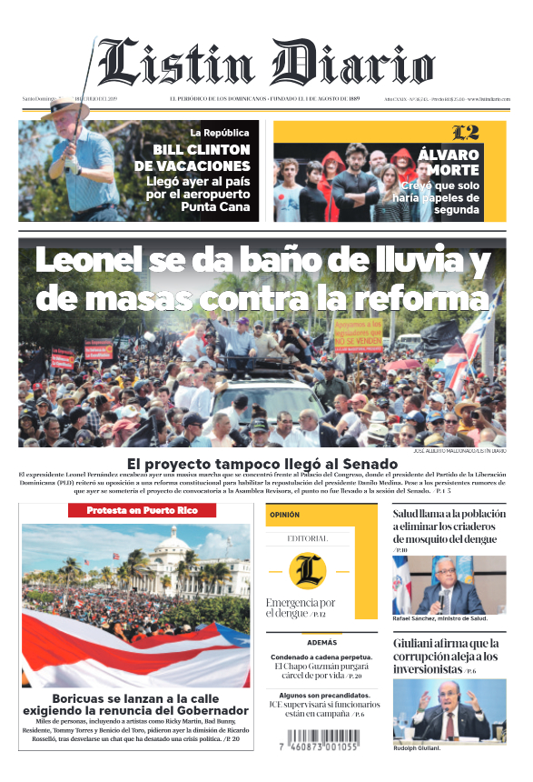 Portada Periódico Listín Diario, Jueves 18 de Julio, 2019