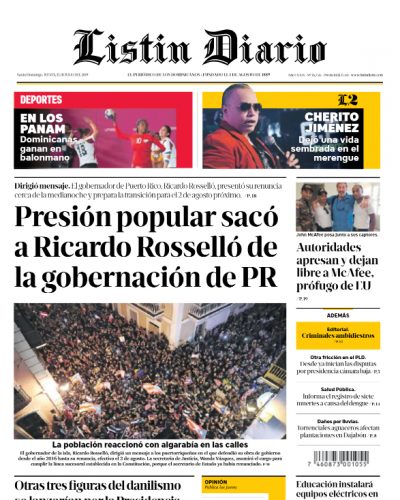 Portada Periódico Listín Diario, Jueves 25 de Julio, 2019