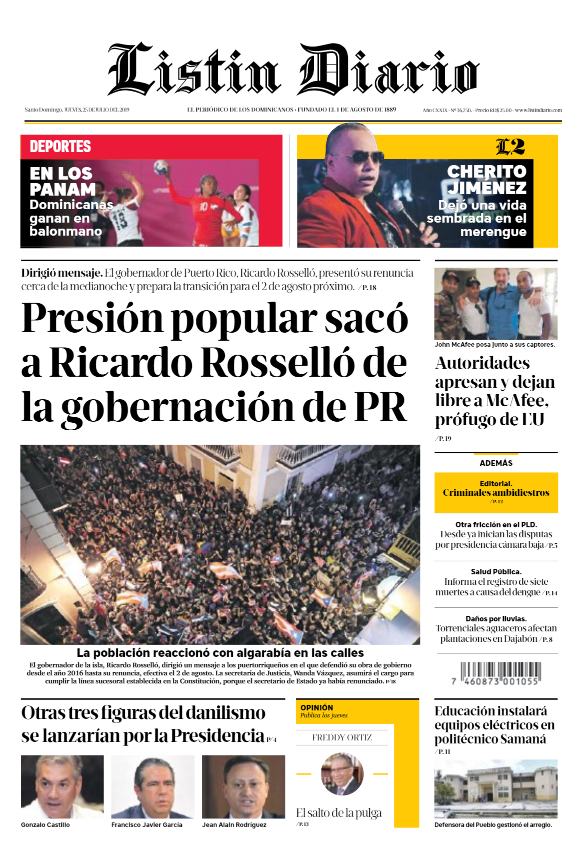 Portada Periódico Listín Diario, Jueves 25 de Julio, 2019