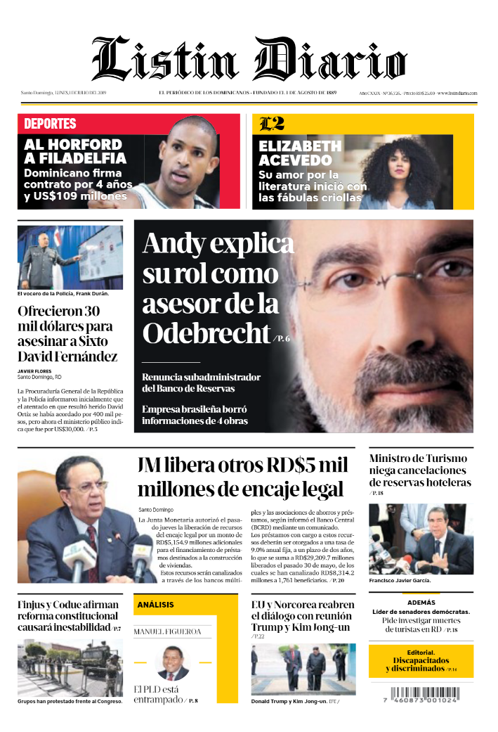 Portada Periódico Listín Diario, Lunes 01 de Julio, 2019